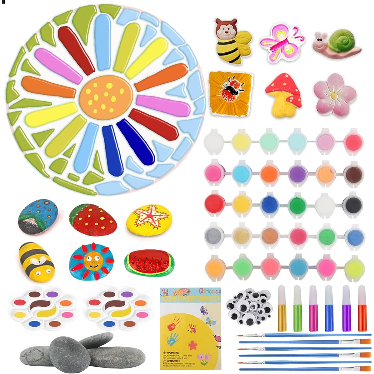 Qtioucp Kids Painting Kit - 24 Vibrant Acrylic Paints & 12 Glow in the Dark Colors, 1 7" Stepping Stone & 12 Creativity Stones Set - Paint Your Own Stepping Stones Craft Kit for Kids