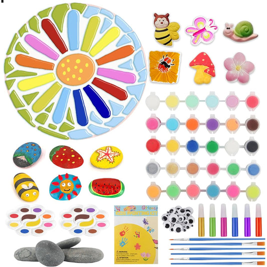 Qtioucp Kids Painting Kit - 24 Vibrant Acrylic Paints & 12 Glow in the Dark Colors, 1 7" Stepping Stone & 12 Creativity Stones Set - Paint Your Own Stepping Stones Craft Kit for Kids