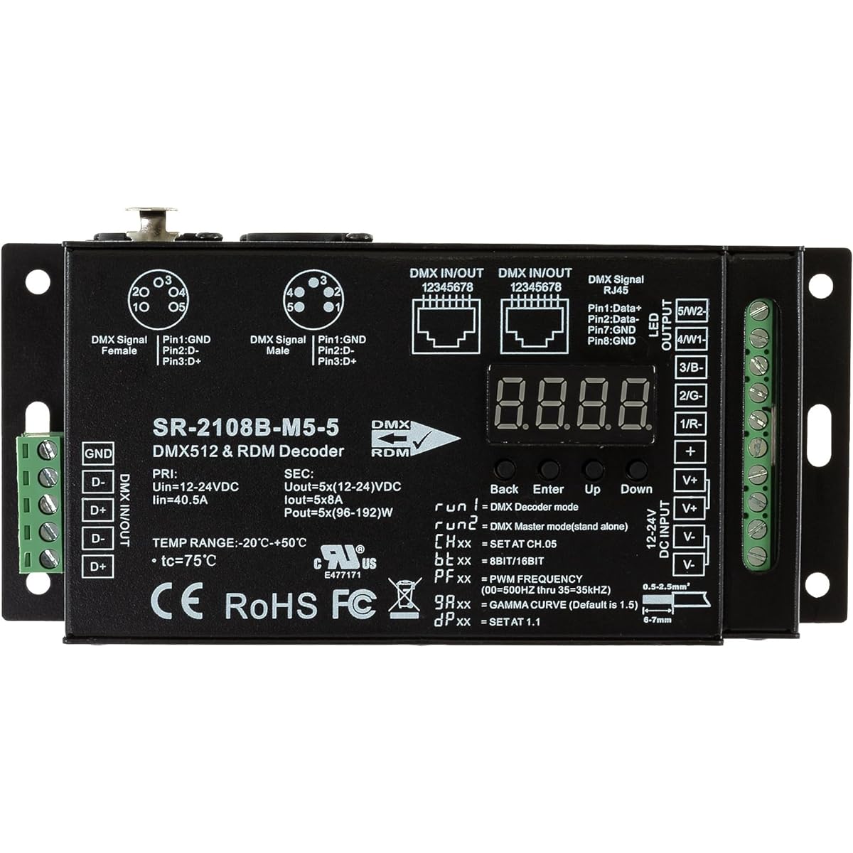 SIRS-E 5 Channel CV DMX RDM Digital PWM Decoder 8/16 Bit RGB & RGBW LED Lighting 12-24V DC UL Recognized Controller 5x8A Dimmer 5809 SR-2108B-M5-5