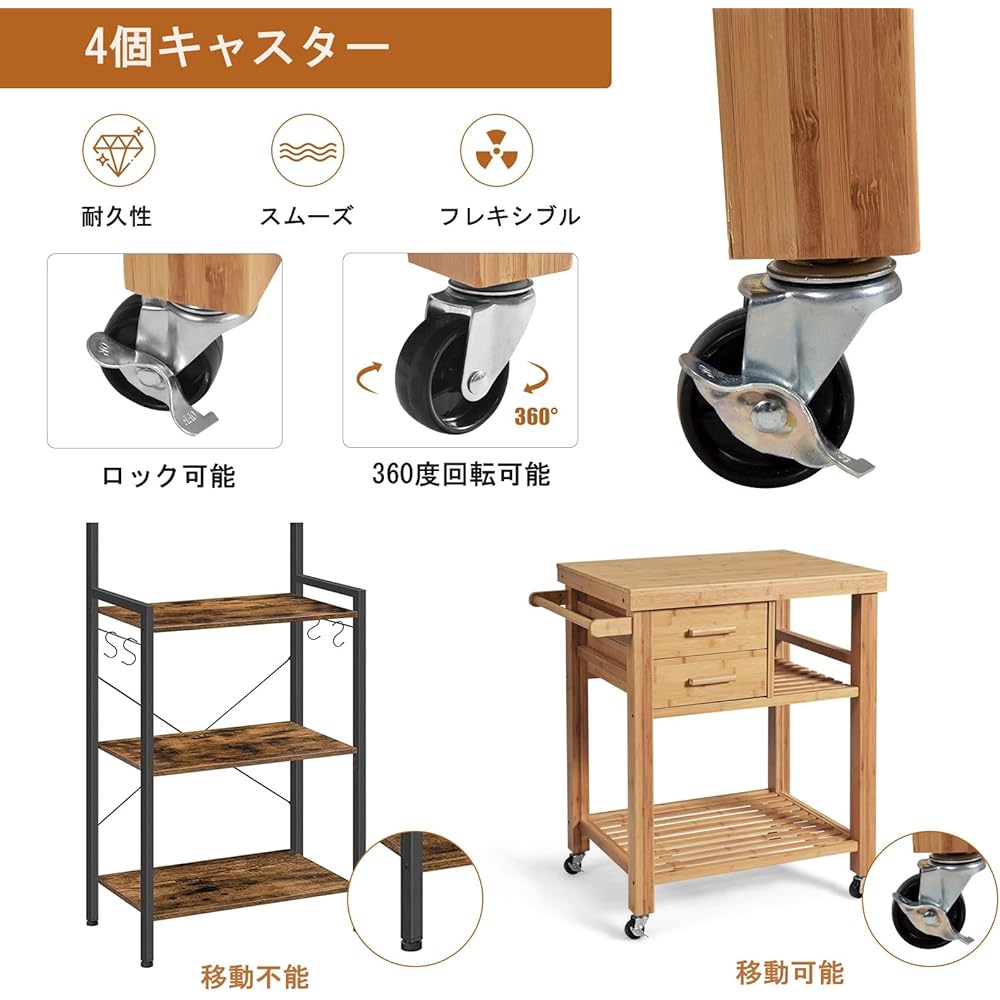 Costway Kitchen Wagon Storage Wagon 3 Tiers with Casters Bamboo Storage Cart Mobile Cabinet Rolling Cart Drawer with Handle Storage Wagon Documents Tools Small Items Storage Kitchen Office Restaurant Warehouse
