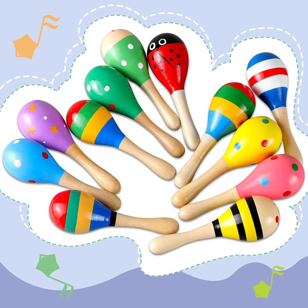 LOOIKOOS 12 Pcs Mini Wooden Festival Maracas Kids Toys Wooden Maracas Festival Painted Wooden Carnival Maracas Baby Party Favors