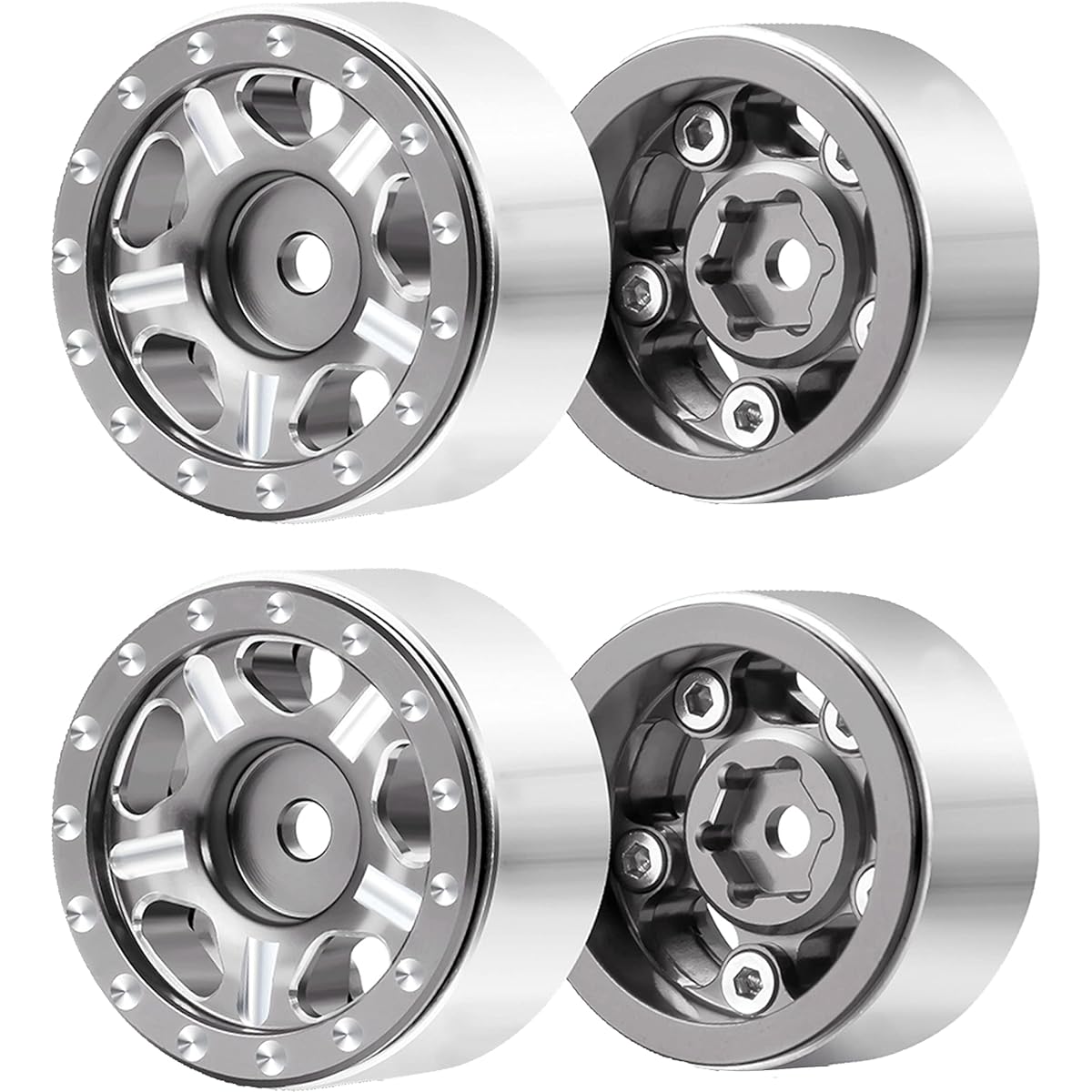 Maleonn 4pcs RC Aluminum Alloy 1" Beadlock Wheel Rims for 1/24 RC Crawler Car SCX24 Upgrade Deadbolt AXI90081 AXI00001 AXI0002 Accessories Metal Wheel Hub Set (Titanium)