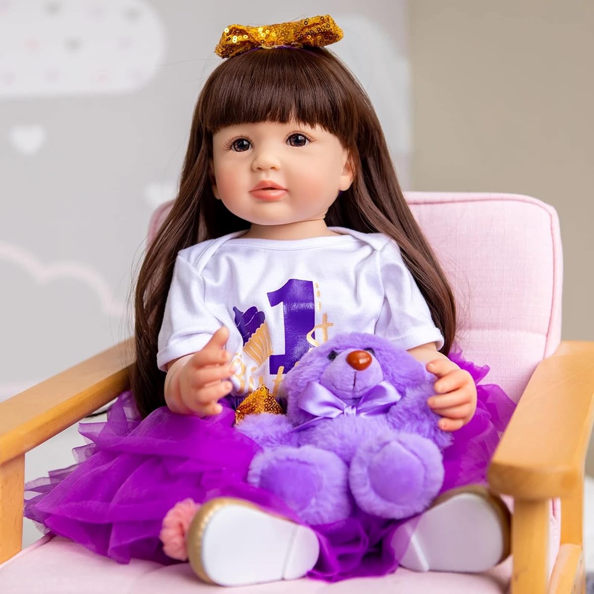 TERABITHIA 22" Cute Alive Handmade Long Brown Hair Reborn Baby Doll Silicone Vinyl Full Body Anatomically Correct Realistic Newborn Princess Toddler Girl Doll Purple Gift Set