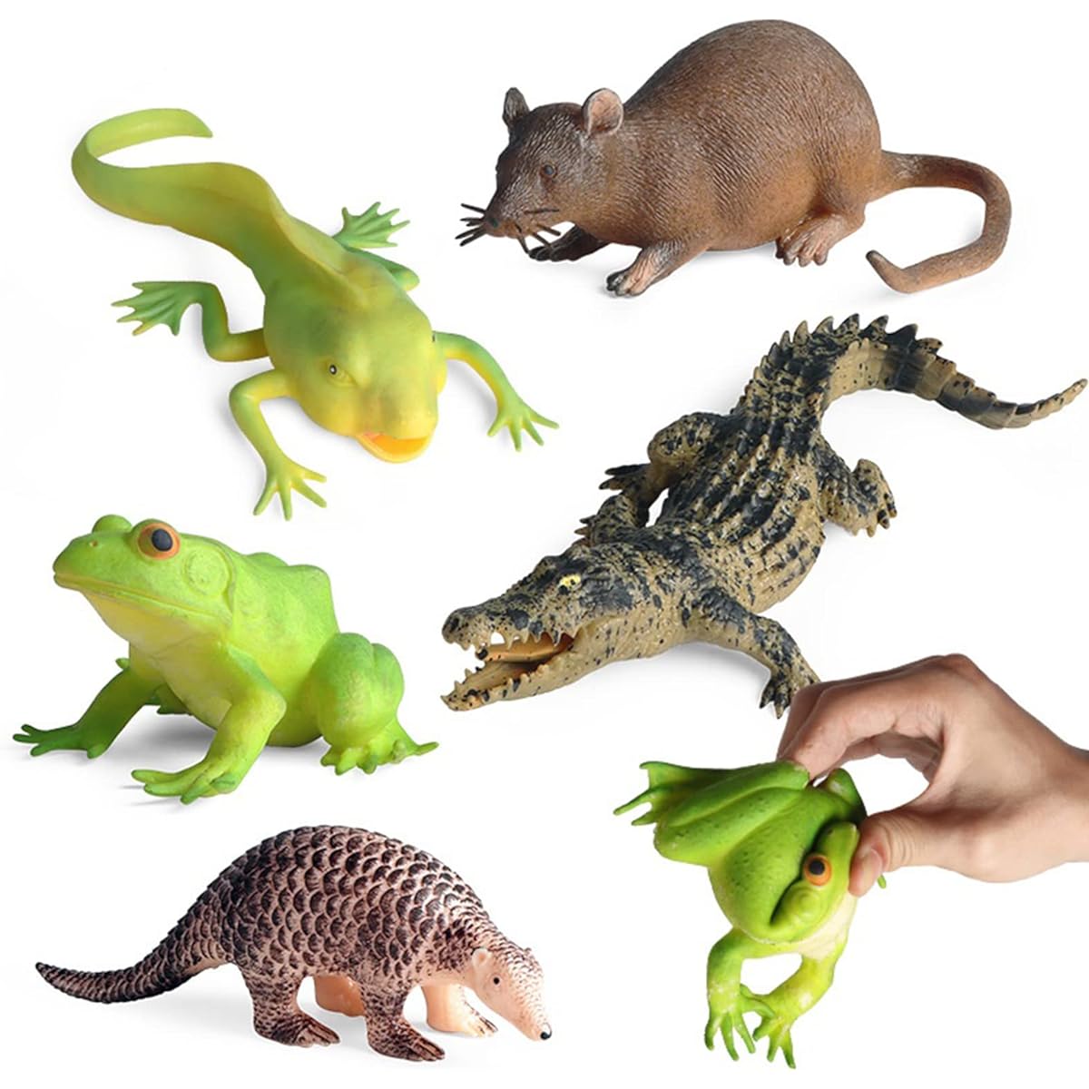 Stress Relief Soft Squishy Toys Set of 5 TPR Odorless Stretch Animal Toys for Kids Rubber Animal Figure Set Frog Tad, Crocodile, Mouse, Pangolin