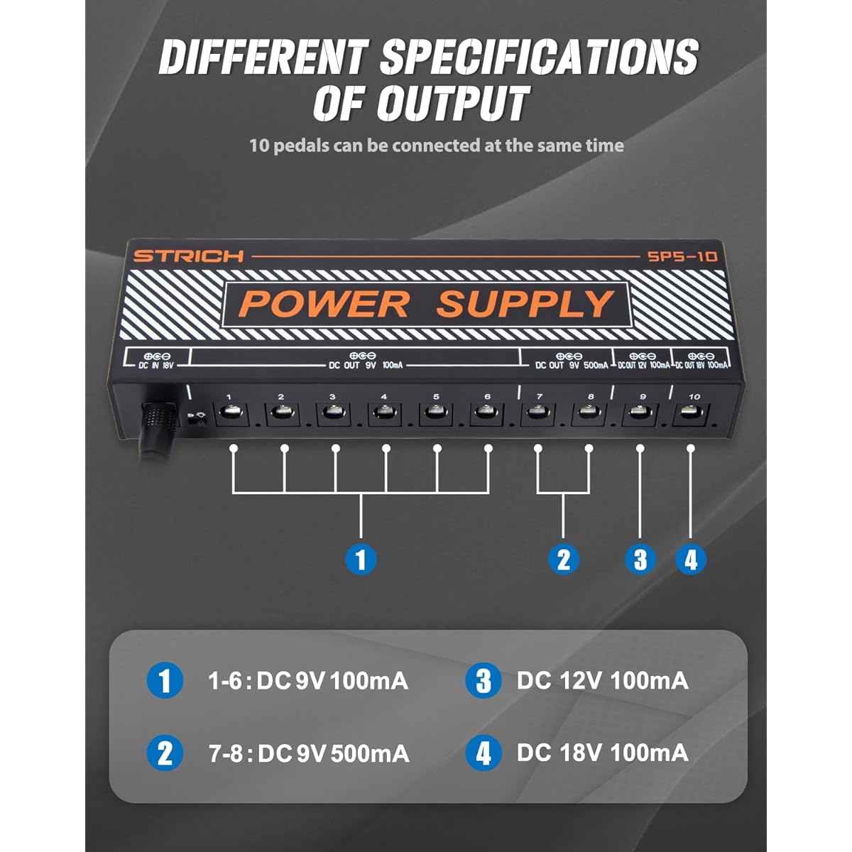 STRICH Guitar Pedal Power Supply 10 Isolated DC Outputs for 9V/12V/18V Effect Pedal 100mA 500mA Pedal Board Power Supply Short Circuit Protection Noise Reduction Circuit Design New Version
