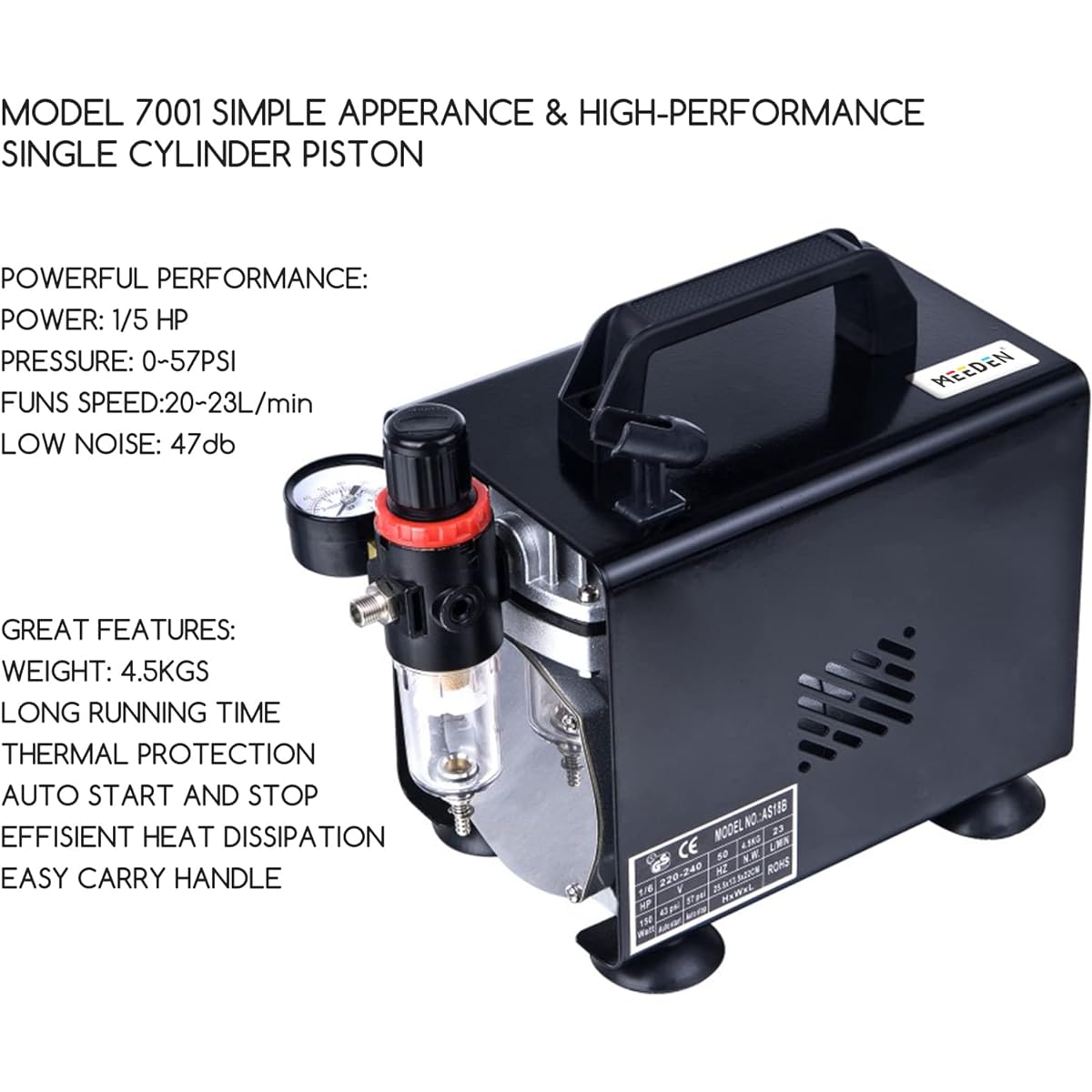 MEEDEN Airbrush 1/5 HP Auto Stop Airbrush Compressor - Professional Single Piston Thermal Protection Low Running Noise 47db - Regulator Water Trap Holder 1/8 Air Hose