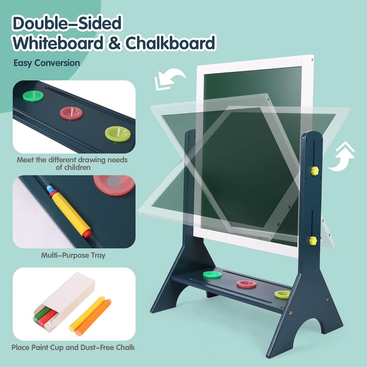 2-in-1 Wooden Art Easel for Kids, Double-Sided Magnetic Adjustable Standing Easel, Large Writing and Drawing Whiteboard & Chalkboard, Magnetic Letters and Numbers Accessories, for Boys and Girls