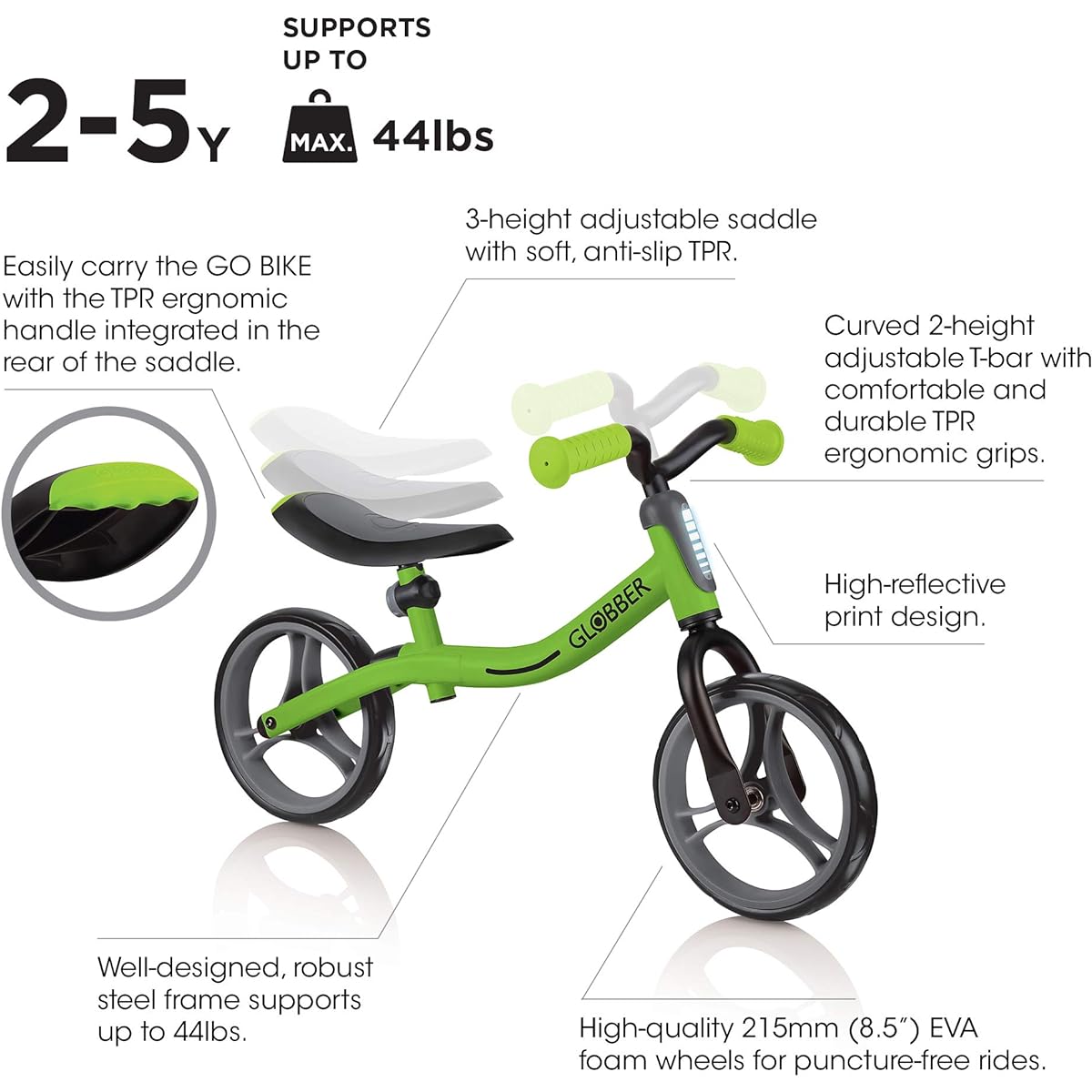 Globber GO Bike Compact Adjustable Balance Bike First Time Toddler Bike Teach Basic Motor Skills and Balance Before Moving On to Your First Pedal Bike