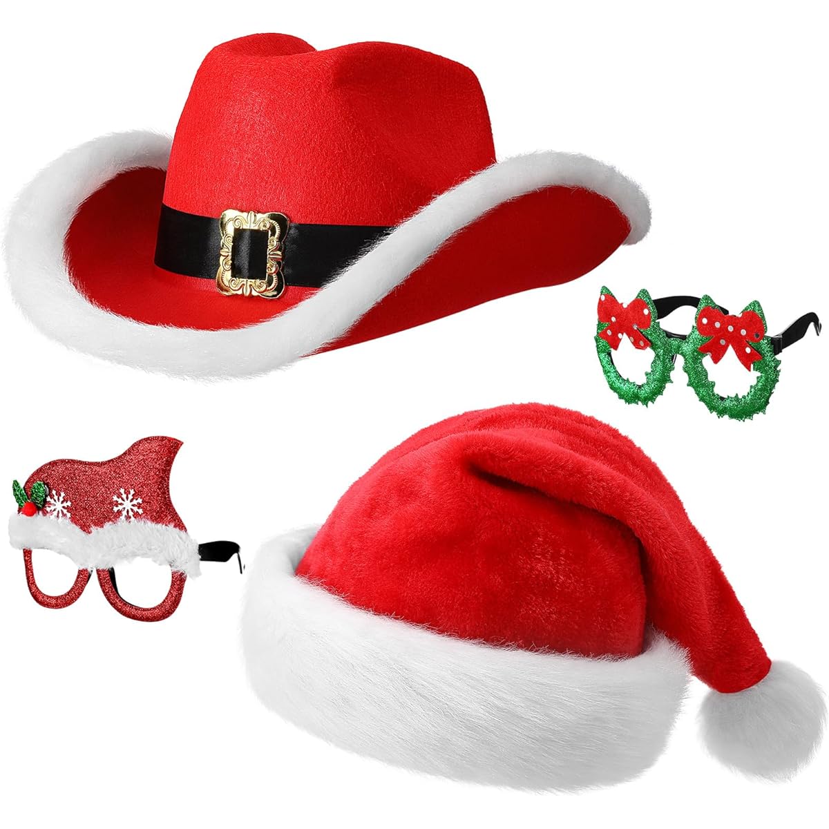 Eurzom 4 Piece Christmas Party Hat and Glasses Frame Set Santa Cowboy Hat Green Christmas Wreath Red Santa Hat Christmas Glasses Western Holiday Hat Christmas Party Costume Adult Couple Family
