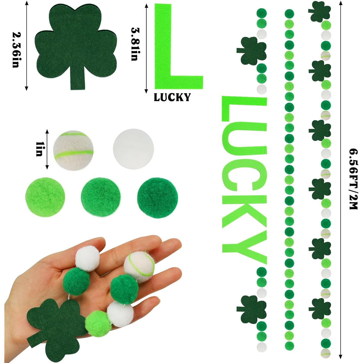 St. Patrick's Day Felt Ball Garland with Shamrocks Green/Dark Green/White Pom Pom Garland 6.6ft Felt Ball Garland Banner Hanging Decorations Irish Themed Party Favors for Home Fireplace Mantle