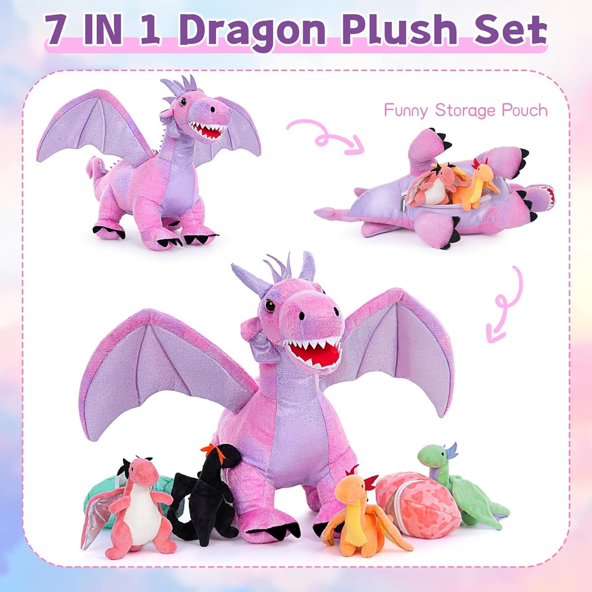 Muiteiur Big Dragon Plush Toy Set, 21.6 Inch Soft Plush Dragon Toy with 4 Baby Dragons and 2 Eggs for Kids Toddlers