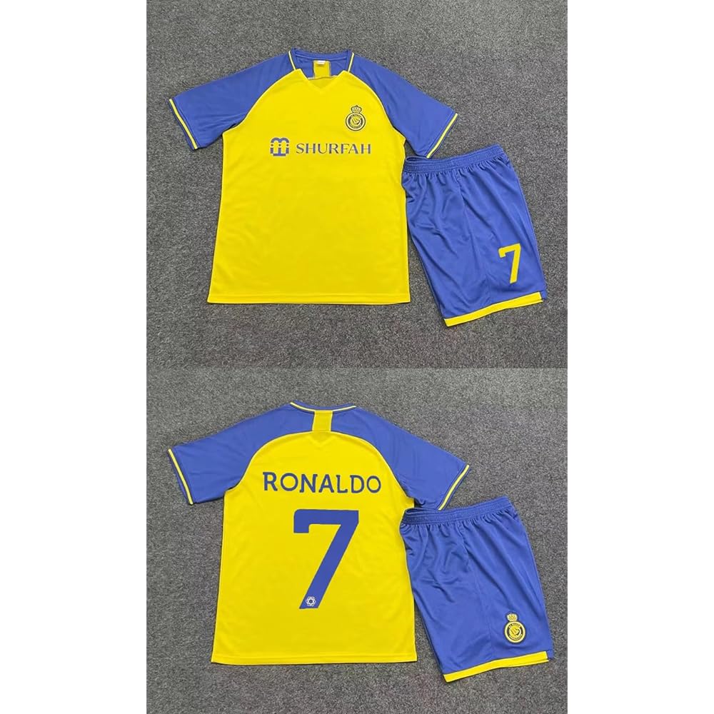 Al Nasr Soccer Uniform Ronaldo Number 7 T-Shirt Top and Bottom Set for Kids, Men, Women, Sports, Children, Adults, Students, Socks Included, Unofficial