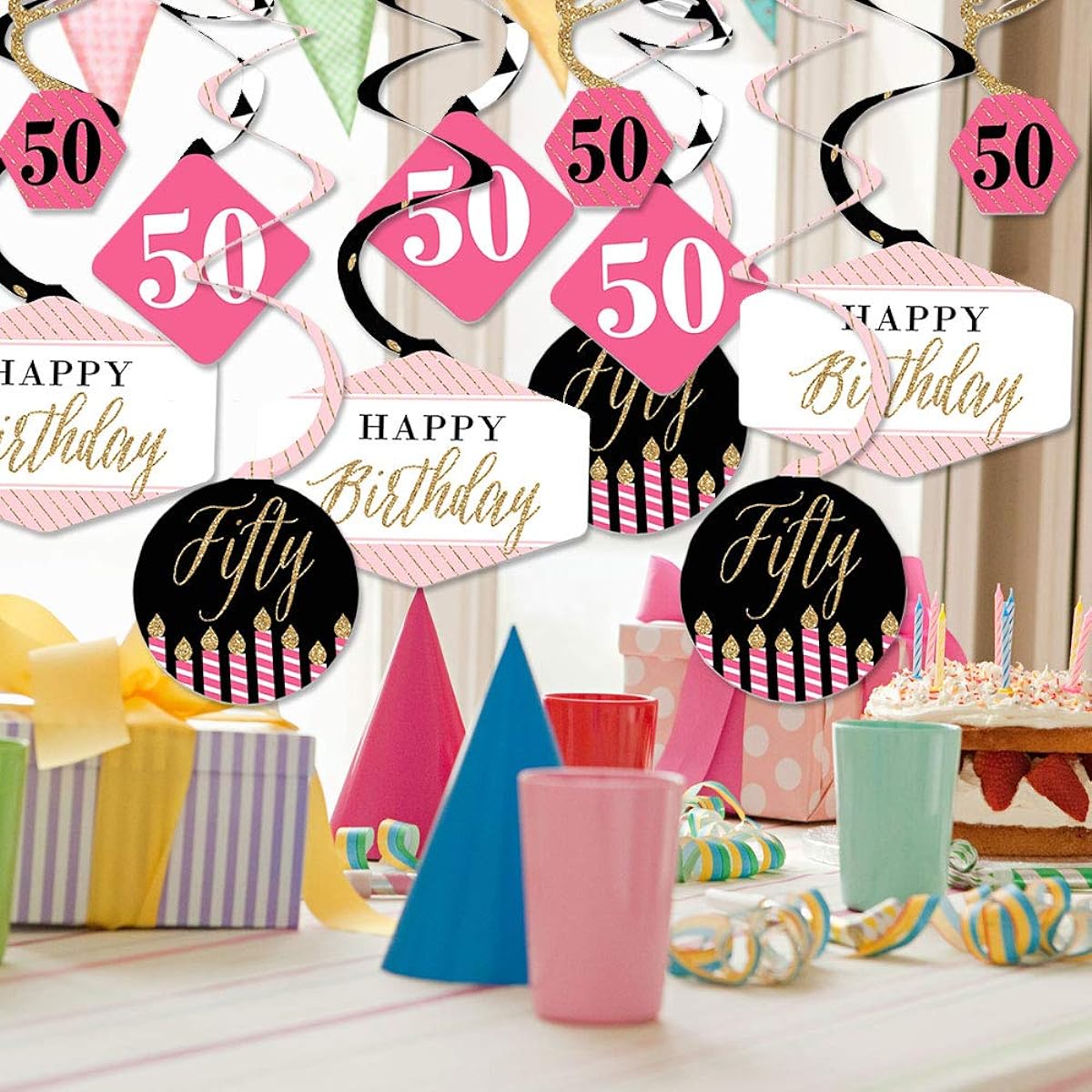 Chic 50th Birthday Pink Black Gold Birthday Party Hanging Ornaments Party Decorations Swirls Set of 40
