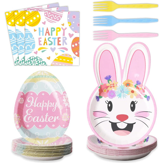 96 Pieces Easter Tableware Bunny Egg Shaped Party Supplies Colorful Easter Egg Hunt Party Decorations Disposable Tableware Plates Napkins Forks Easter Spring Holiday Party Favors