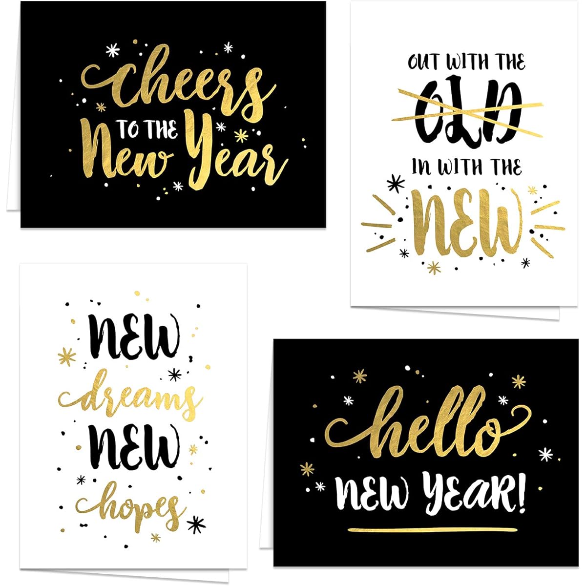 Modern Black & Gold New Year Greeting Cards / 24 6 1/4" x 4 5/8" Cards with White Envelopes / Faux Foil Holiday Cards