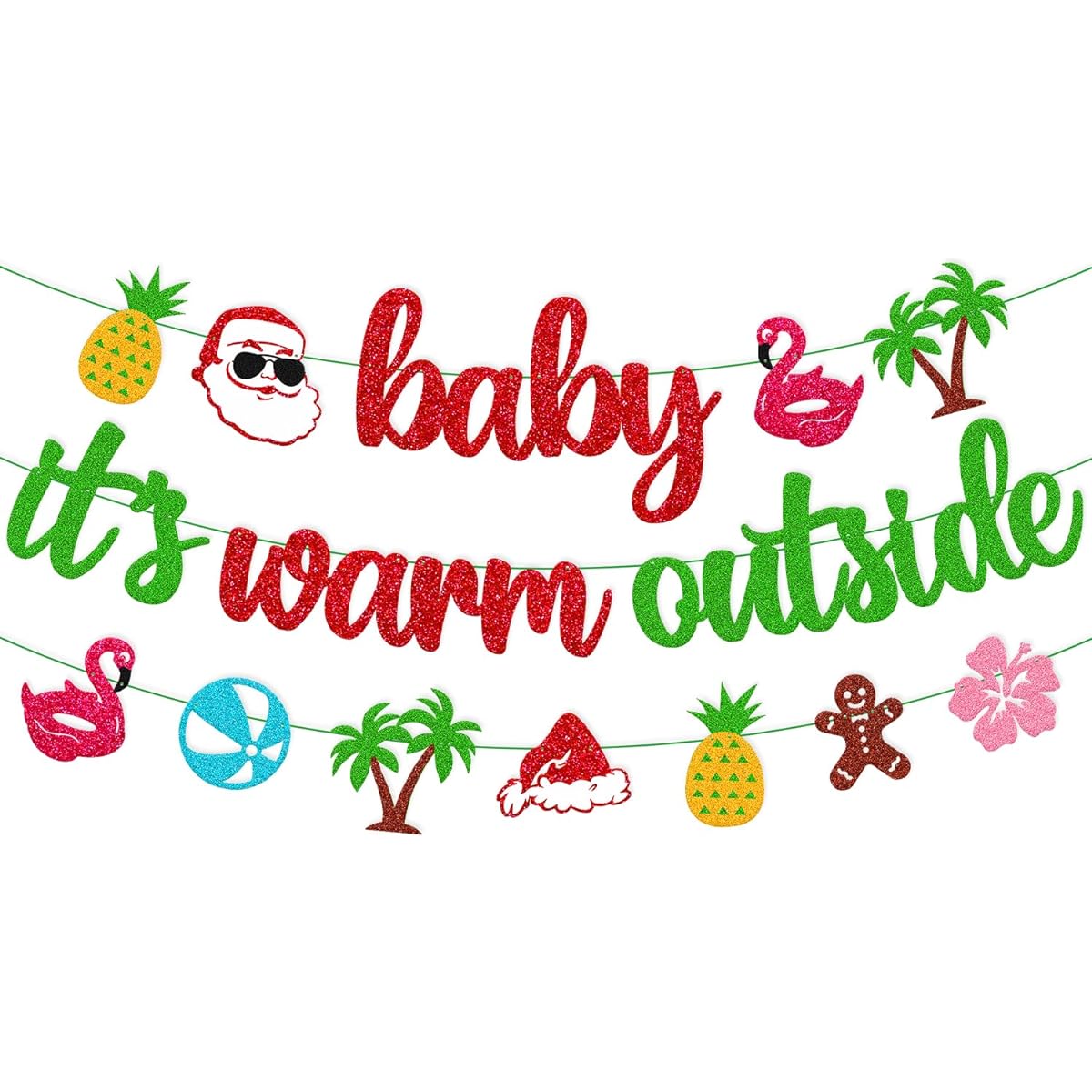 Baby It's Warm Outside Banner Hawaii Mele Kalikimaka Christmas Summer Party Decorations Tropical Summer Flamingo Pineapple Beach Ball Coconut Tree Hibiscus Flower Gingerbread Man Sign Party Supplies