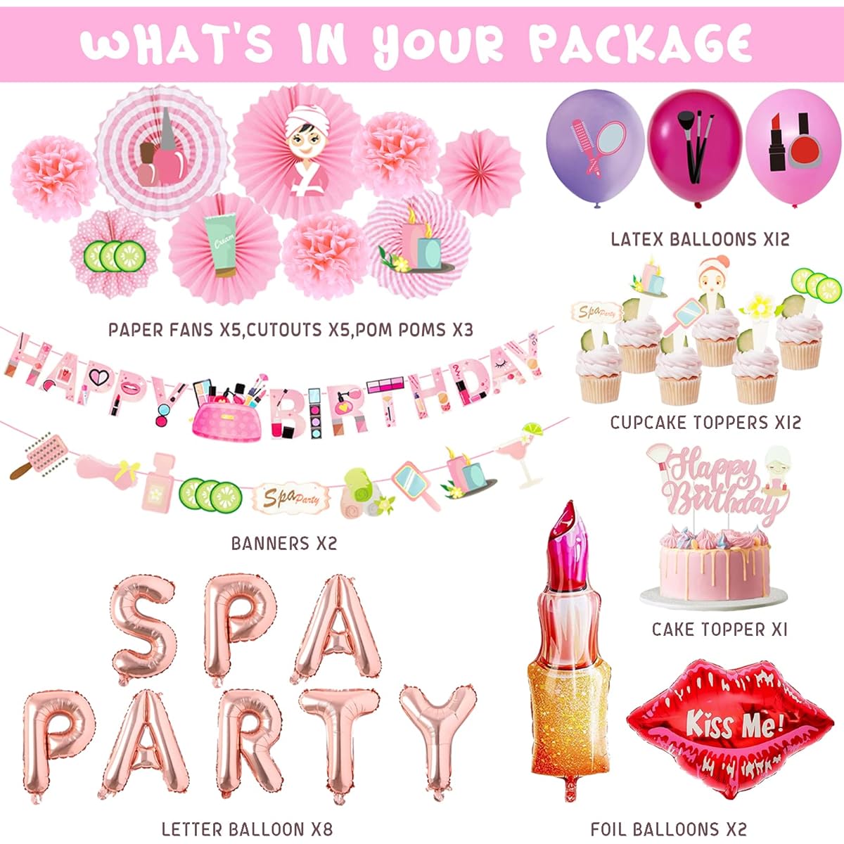 Hombae Spa Party Supplies for Girls, 51pcs Spa Makeup Birthday Party Decorations Pink Spa Day Salon Theme Lipstick Cosmetics Fans Cutouts Pom Poms Happy Birthday Banner Balloons Cake Cupcake Toppers