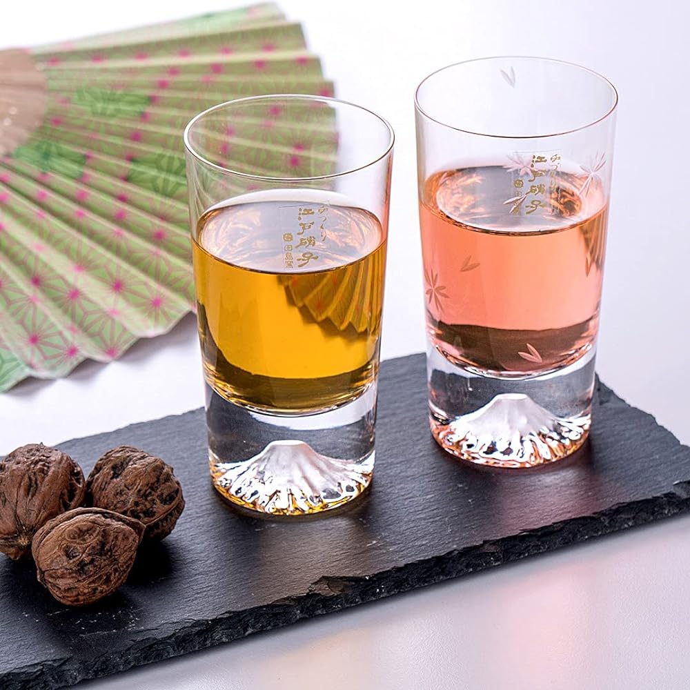 Fuji Glass, Tajima Glass, Mt. Fuji Mini Plain Tumbler x Mini Cherry Blossom Tumbler Glass, Pair Set, Set of 2, Sakura Kiriko Mini Souvenir Grand Prix, Edo Glass, Mt. Fuji, Sea, Whiskey Glass, Rock