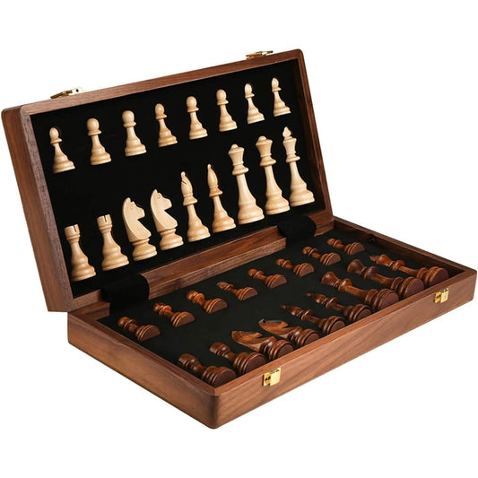 2 in 1 Foldable Wooden Chess Set Adult/Chess Piece Box 3" King Height Chess Pieces 2 Extra Free Queen 15" Unique Chess Set and Board Game Kids/Men's Gift
