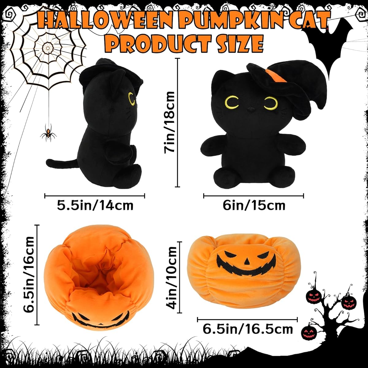 JIAJEGTGT Halloween Pumpkin Black Cat Plush Toy 7.4 Inch Halloween Pumpkin Black Cat Set Cute Black Cat Stuffed Animal Pillow Toy Halloween Decoration Gift for Adults and Kids