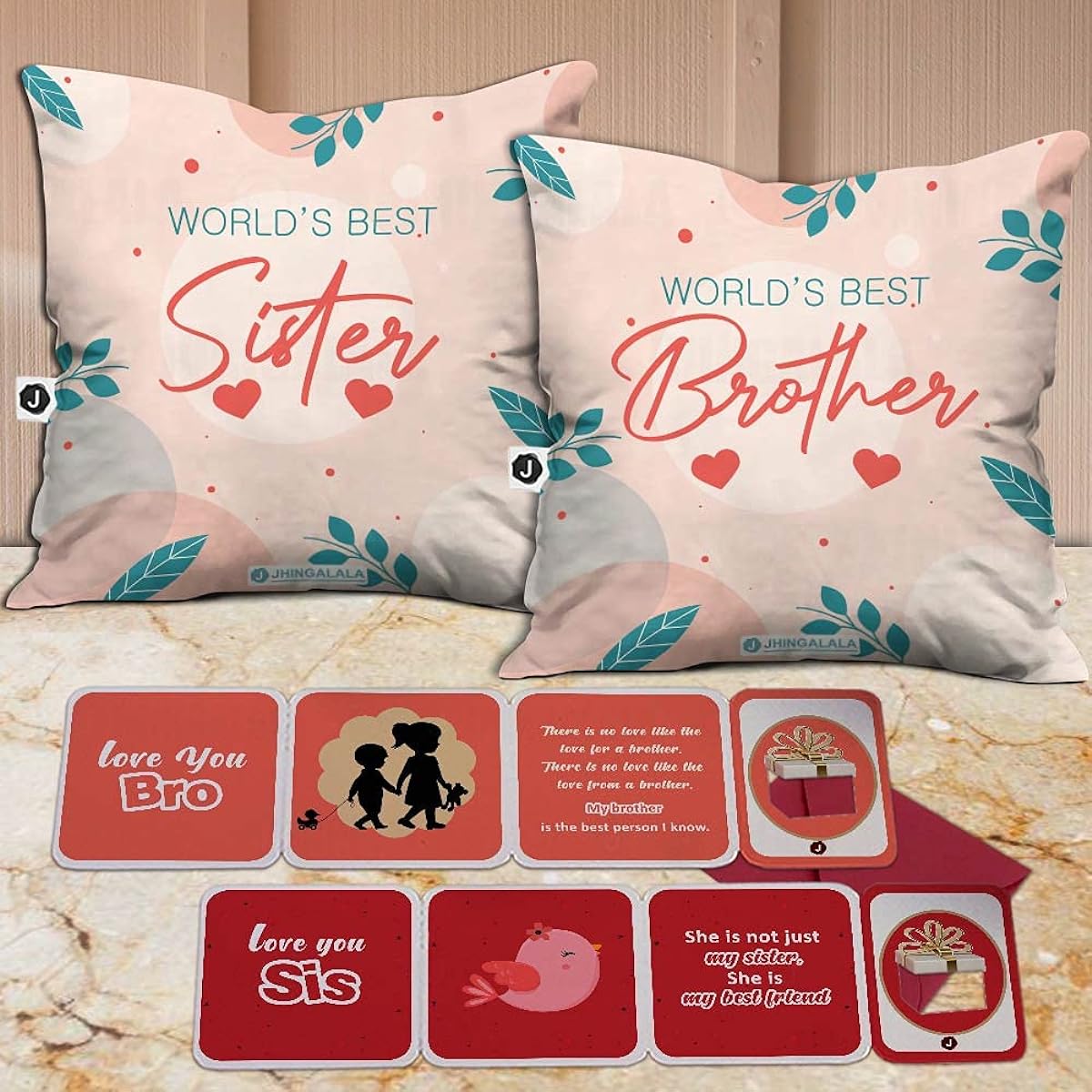 Jhingalala Brother Sister Gifts Combo | World's Best Brother Sister Print Cushion with Filler and 2 Greeting Cards Combo Gifts for Sister Birthday Anniversary Raksha Bandhan