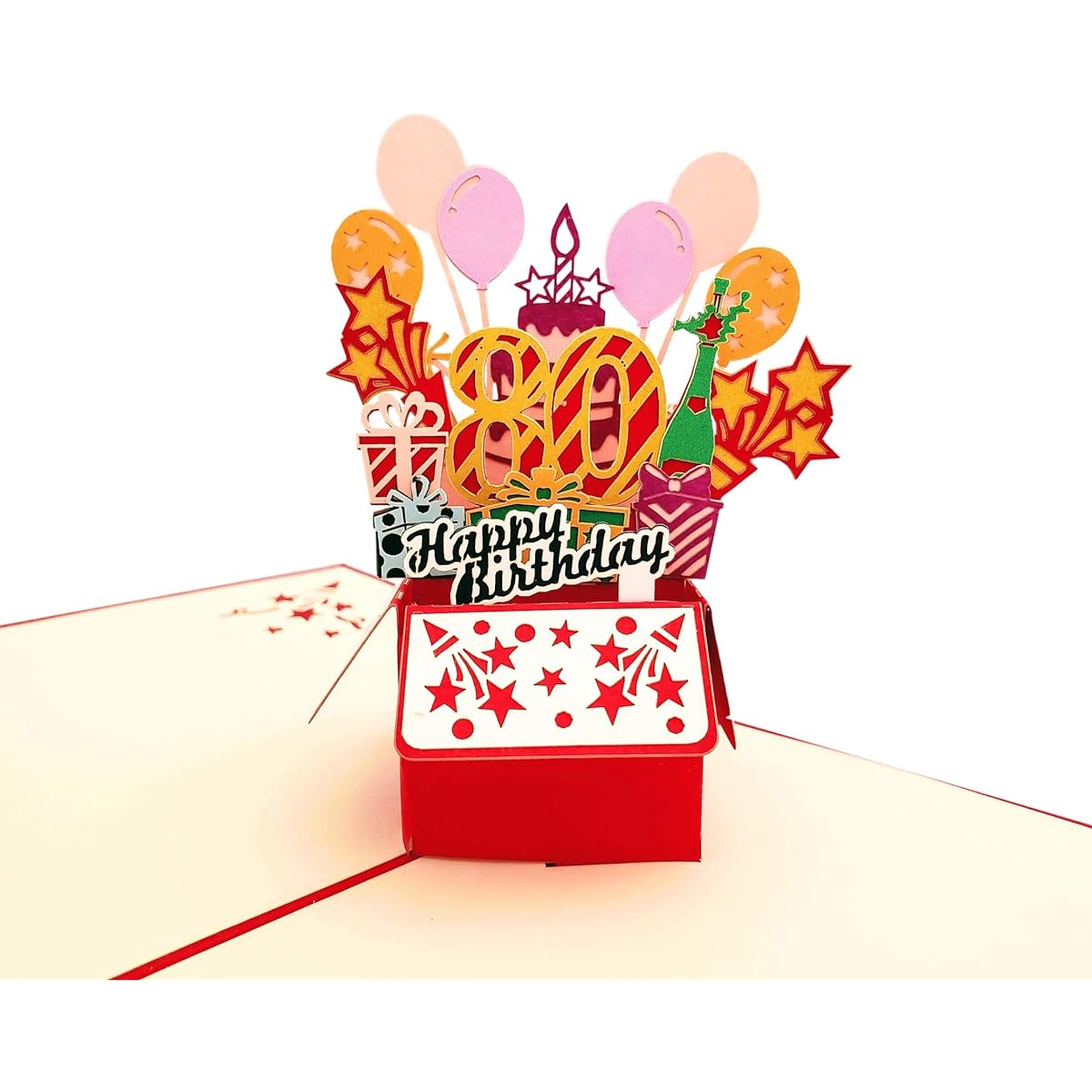 iGifts And Cards Happy 80th Red Birthday Party Box 3D Pop Up Greeting Cards - 8, Awesome, Balloon, Unique, Celebration, Feliz Cumpleaños Fun