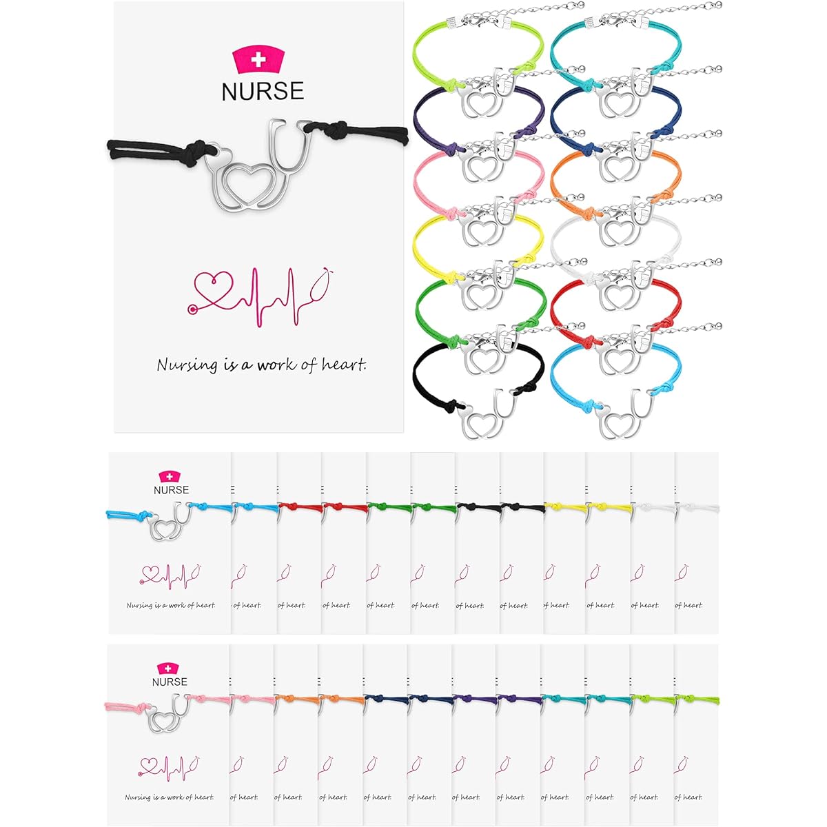 24pcs Graduation Nurse Gifts for Women with Blessing Cards, Stethoscope Heart Nurse Bracelets, Nursing School Gifts, Nurse Appreciation Card Bracelets, Nurse Week Party Favors, Nurse Gifts, Bulk Purchase, One Size, 1