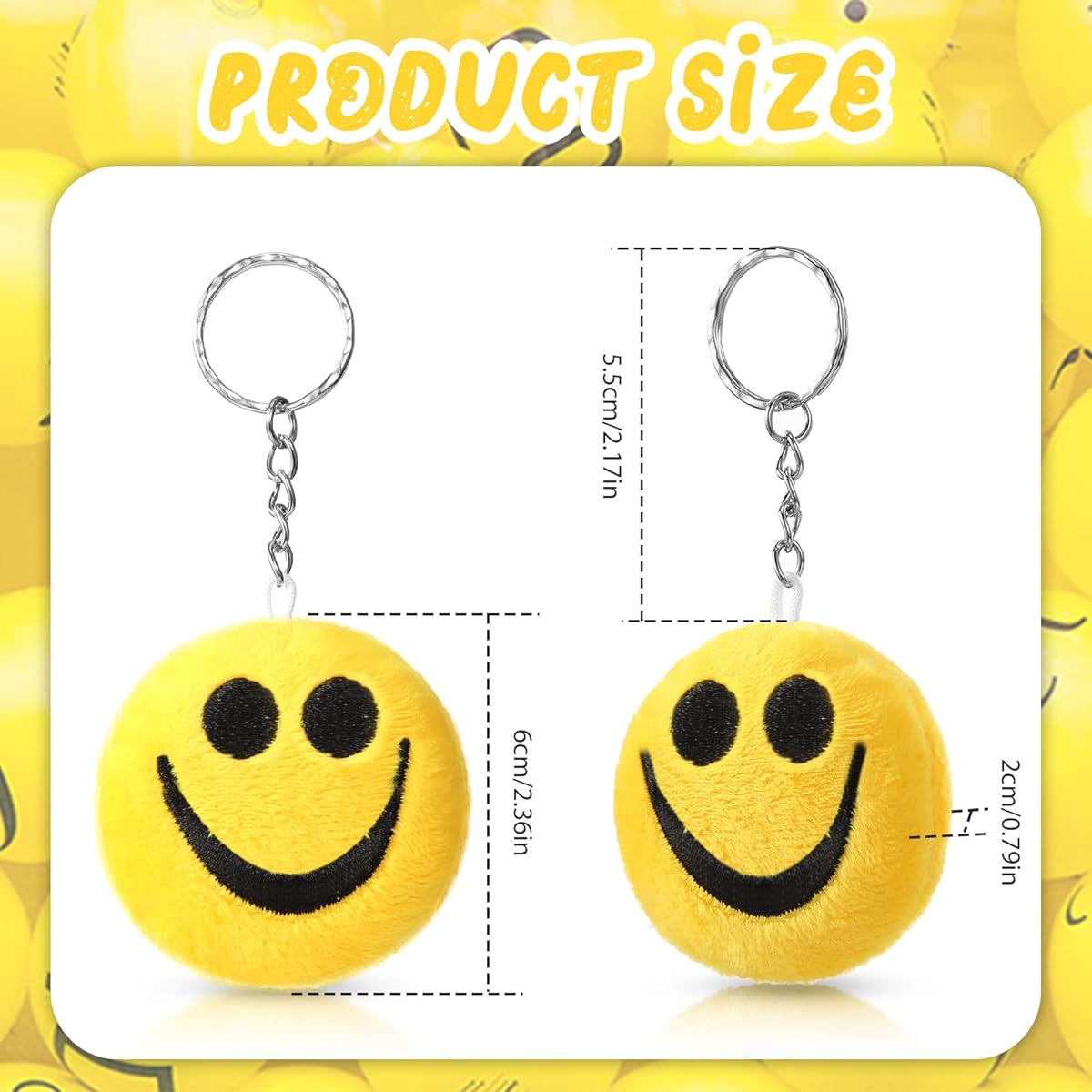 48pcs Mini Plush Keychains Smile Face Keychains Stuffed Animal Keychains Emoji Keychains Yellow Funny Stuffed Animal Keyrings Mini Plush Carnival Prizes Kids Birthday Party Supplies Treasure Chest School Classroom