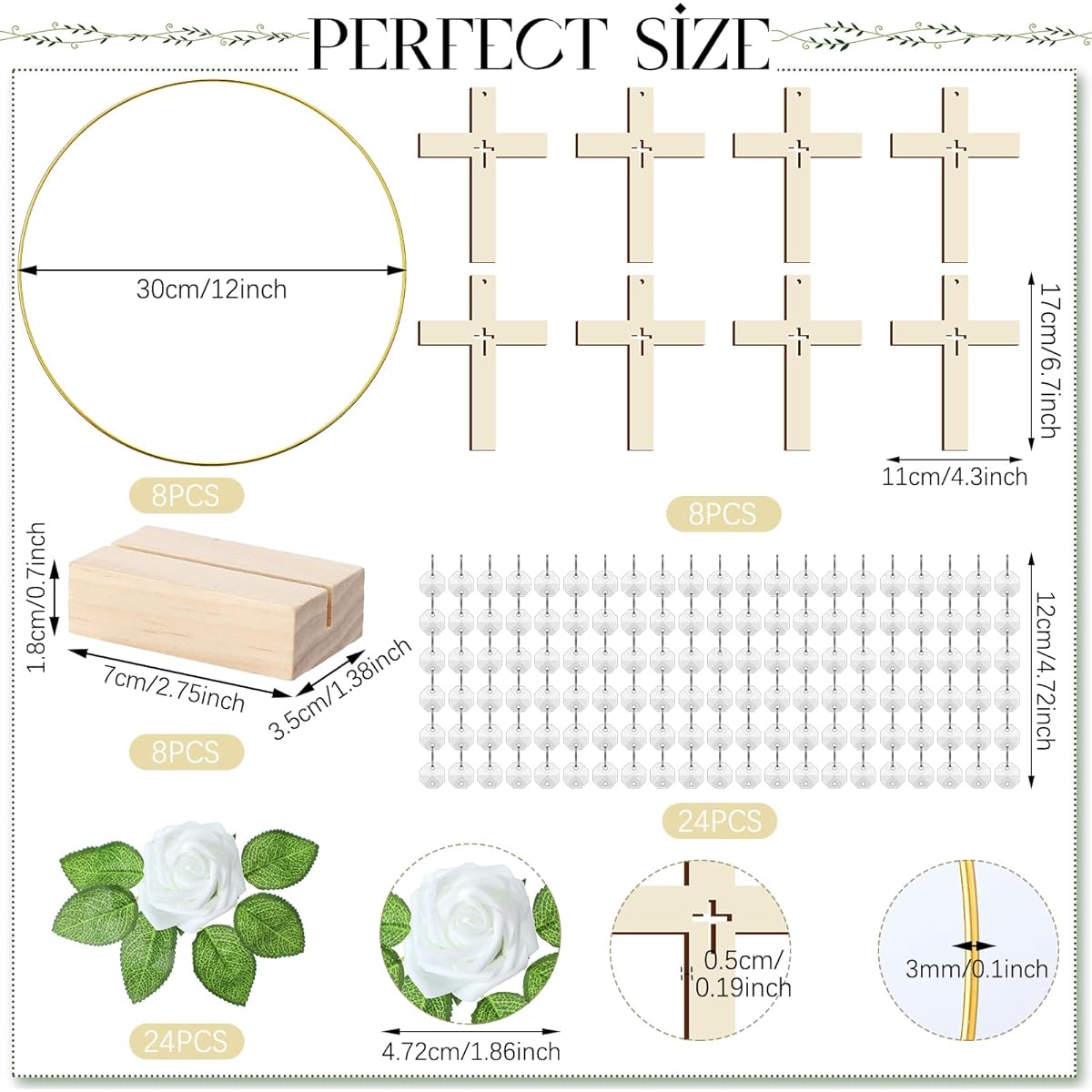 Sintuff 72 Piece First Communion Baptism Decoration Set 8 10" Metal Wreath Rings 8 with Wooden Holders 8 Standing Wooden Crosses 8 Faux Roses with Stems 24 Acrylic Gem Beads Garland Strands 24