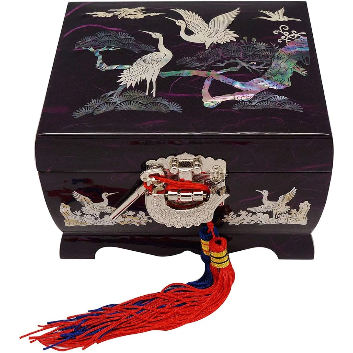 Mother of Pearl Peacock Design Music Wooden Bird Girl Jewelry Mirror Case Trinket Keepsake Treasure Gift Musical Asian Lacquer Box Case Chest Organizer