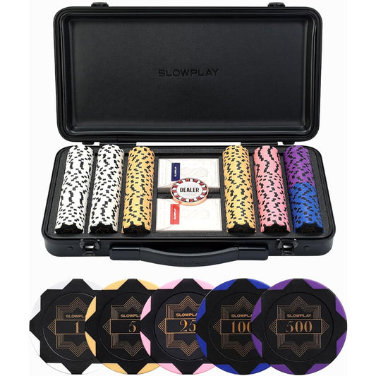 SLOWPLAY Nash Clay Poker Chip Set 14g Texas Hold'em 300 Chips [Chip Values Listed] with Durable Polycarbonate Case Gift for Poker Players