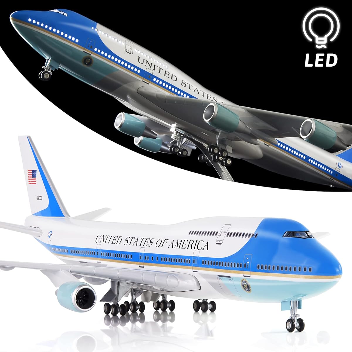 Lose Fun Park 1:130 Scale Large Model Airplane Air Force One Boeing 747 Airplane Model Diecast Airplane with LED Light for Collection or Gift