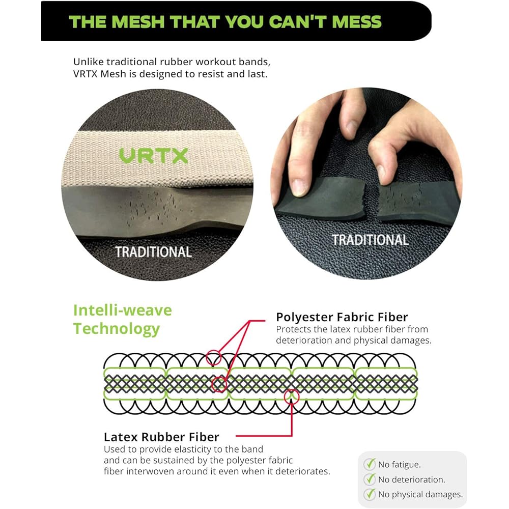 VRTX Mesh Resistance Band Set - Stretchy and weighted exercise bands with durable and comfortable interior weave technology for full body training, physical therapy, yoga, and more