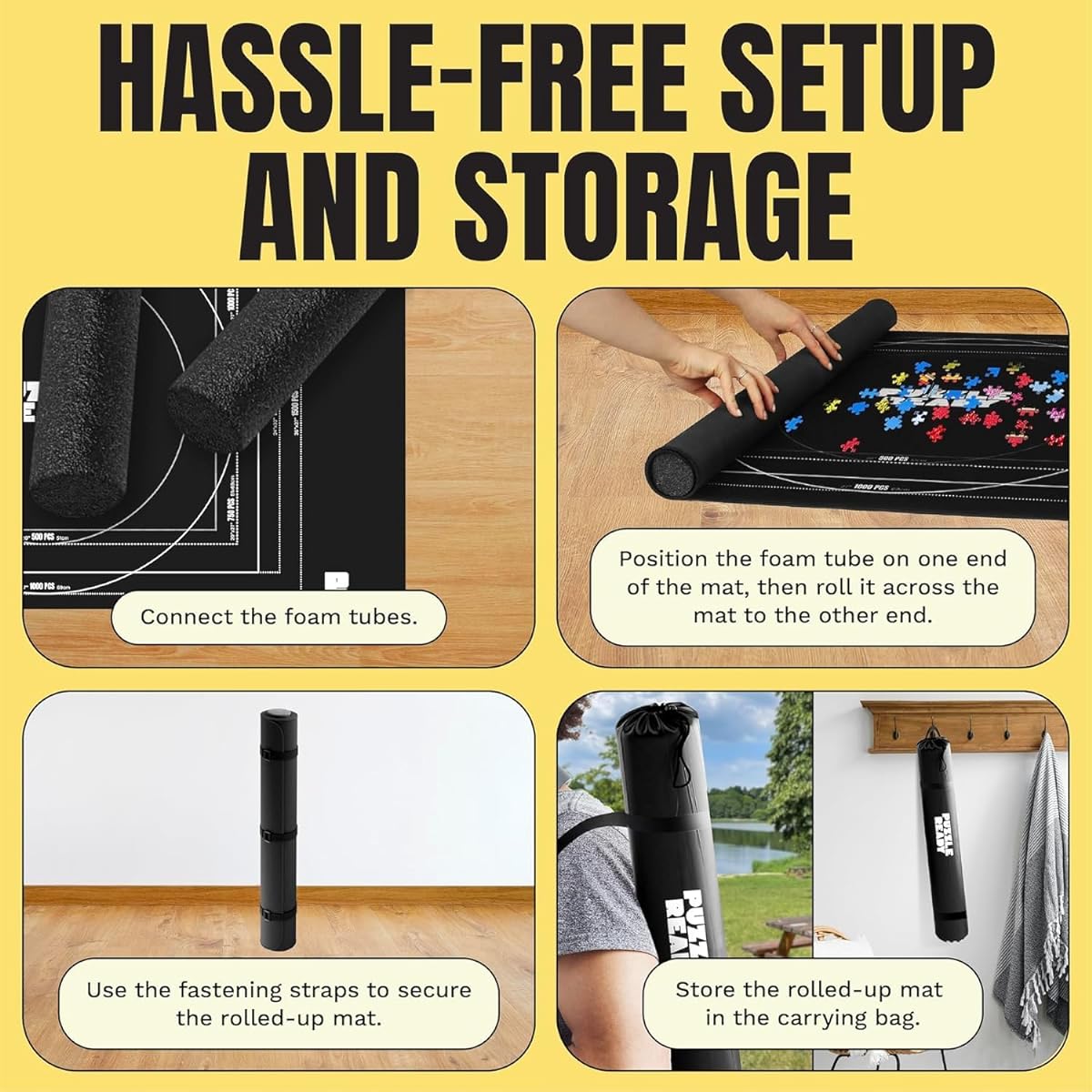 Puzzle Ready Jigsaw Puzzle Mat Roll Up with Non-Slip Rubber Bottom and Smooth Polyester Top + Storage Bag, Foam Rolling Tube, 3 Hook & Loop Fastener Straps