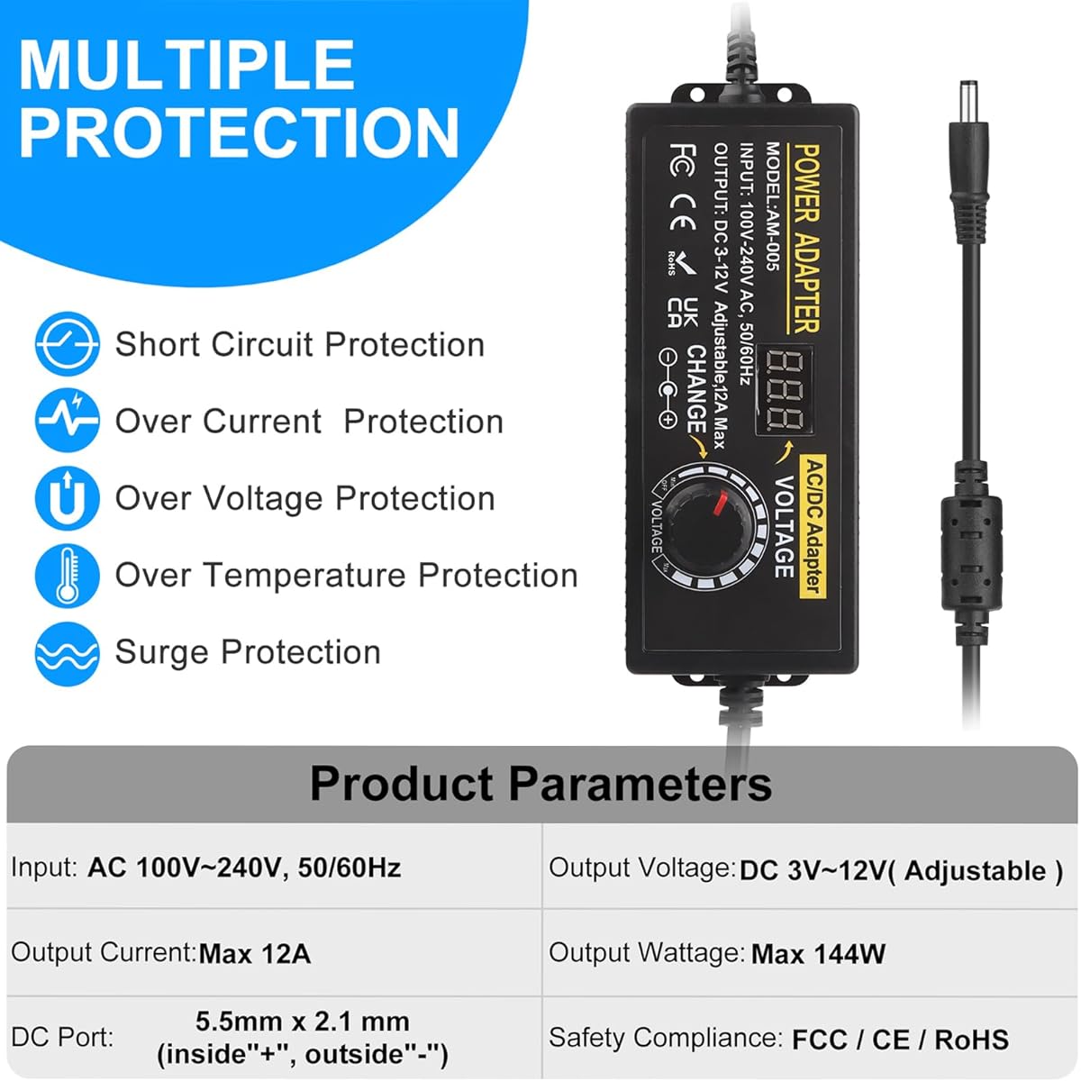 Auplf Adjustable Power Supply Adjustable 3V ~ 12V 12A 144W DC Power Supply AC 100V-240V 50/60Hz Universal Power Adapter AC-DC Power Adapter Converter Transformer with 14 Chips