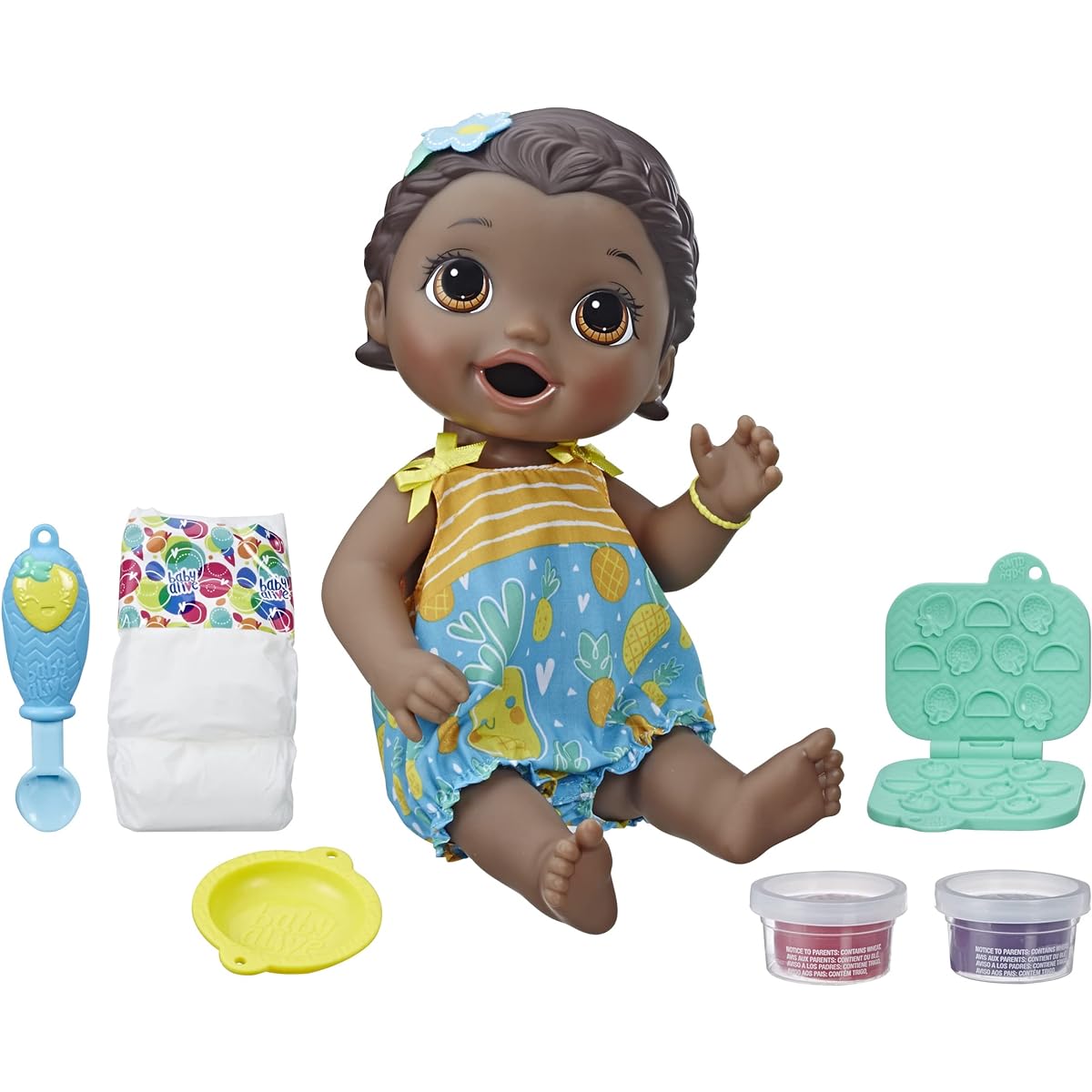 Baby Alive Super Snacks Snackin' Lily Baby: Eating Baby Doll Reusable Baby Doll Alive Doll Food, Spoon and 3 Accessories Included, Perfect Doll for Girls and Boys Ages 3 and Up, Black Hair