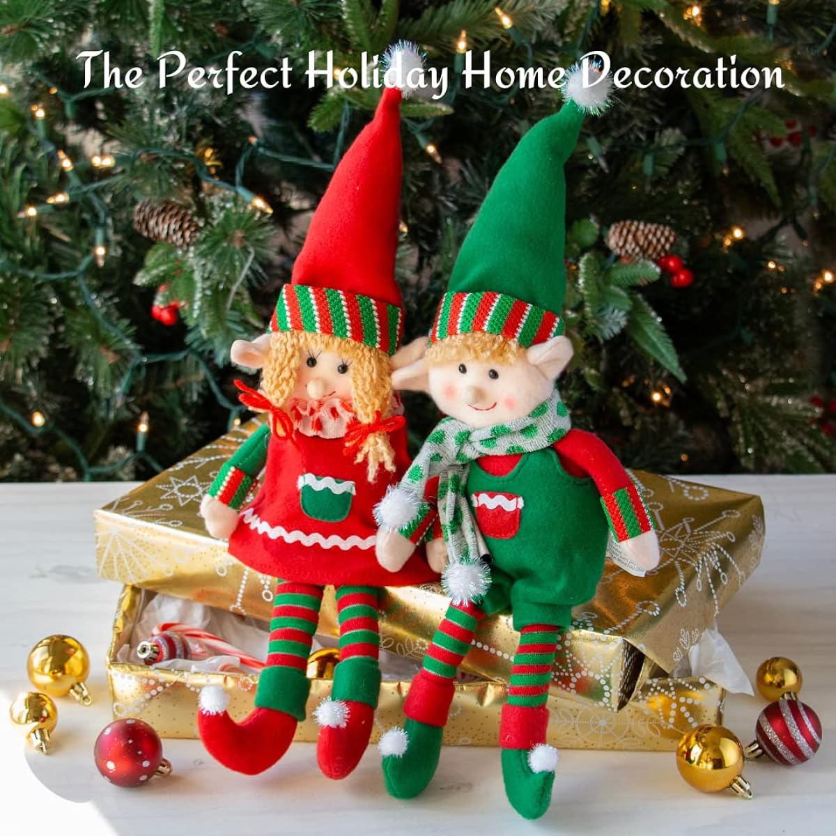 Elf Plush Christmas Stuffed Toys- 30cm Boy and Girl Elves (Set of 2) Holiday Plush Characters
