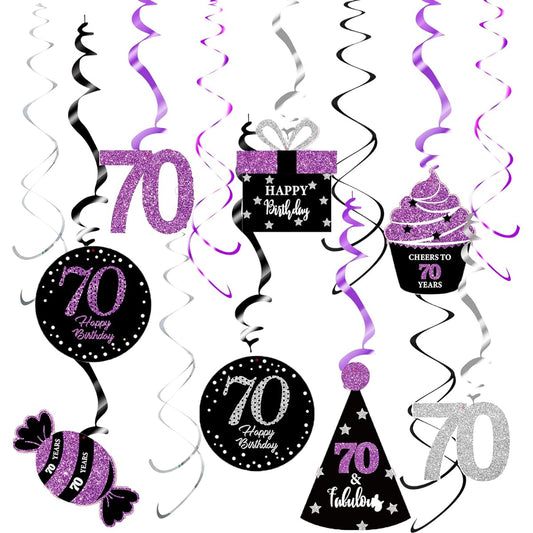 70th Birthday Decorations for Women Purple Black Silver 70th Birthday Party Hanging Swirls Ceiling Decor - Women 70th Birthday Party Decorations Purple