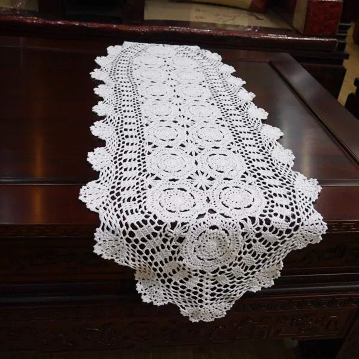 janef Beige Handmade Crochet Doilies Cotton Table Runner Lace Doilies Oval Dresser Scarf for Bedroom 16" x 35"