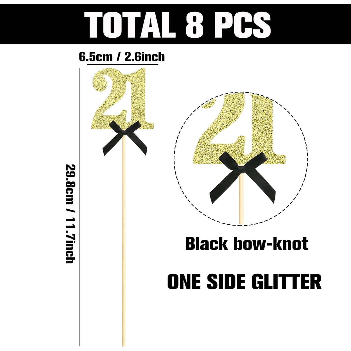 Sotpot Gold Glitter 21st Birthday Centerpiece Sticks, 8pcs Number 21 with Ribbon, Table Flower Toppers for Unisex, 21st Birthday, Anniversary, Table Party Decorations
