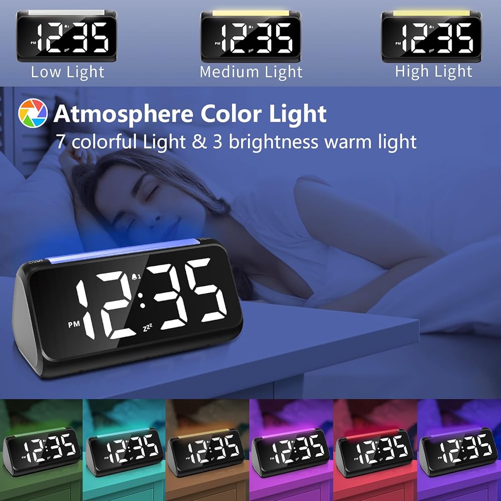 Netzu Digital Alarm Clock Bedroom Bedside Alarm Clock 8 Color Night Light Large LED Display Dual Alarm Dimmer USB Charger Port for Kids/Teens/Elderly (Upgraded) (Black)