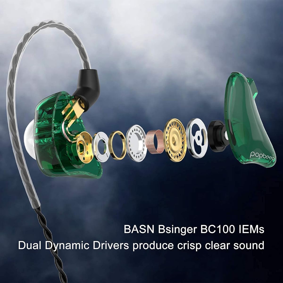 BASN In-Ear Monitor Headphones Dual Dynamic Driver In-Ear Earphones Detachable MMCX Cable Musician In-Ear Earphones Headphones (BC100 Green Without Microphone)