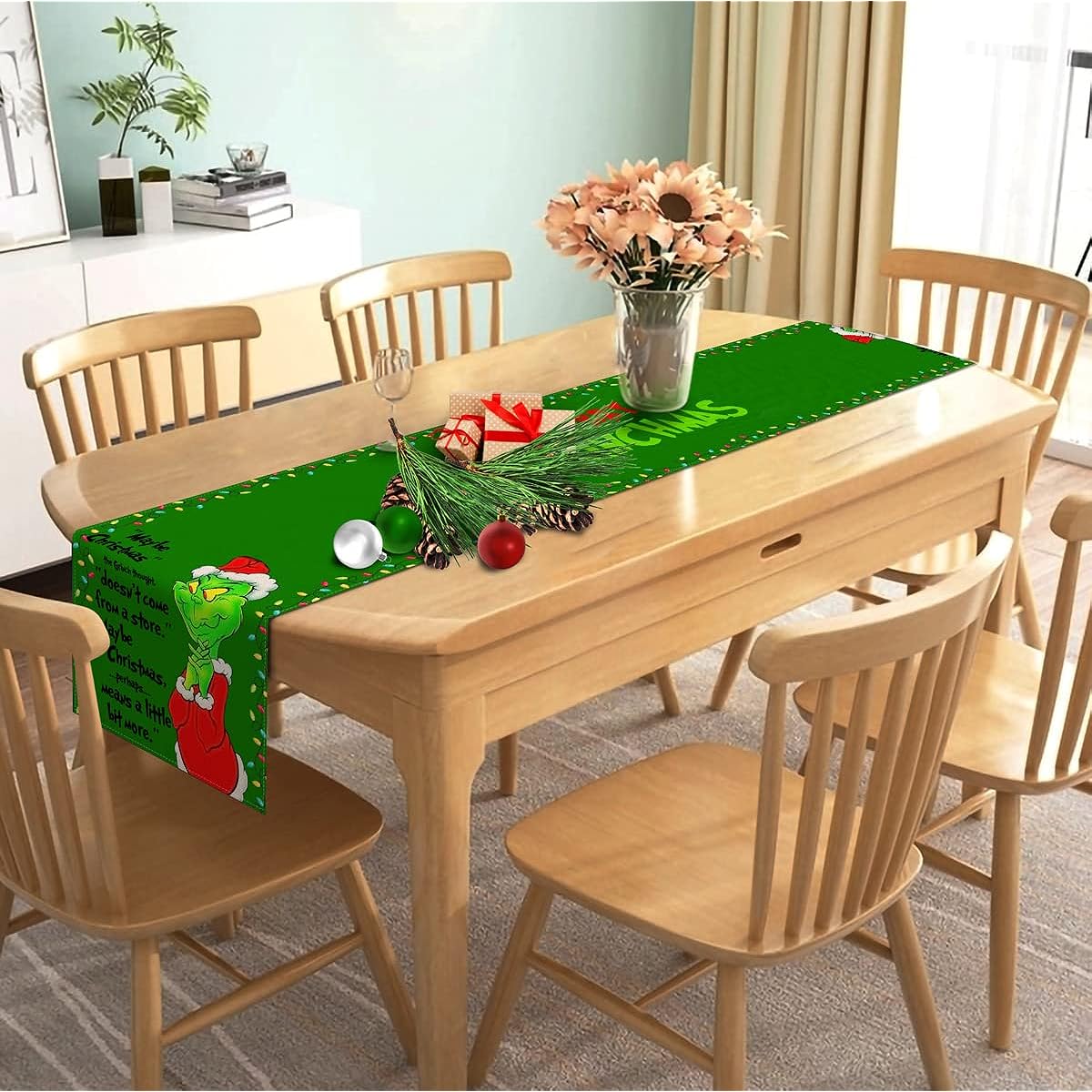 Nepnuser Merry Grinchmas Table Runner Christmas Xmas Winter Holiday Party Decorations for Home Kitchen Dining Room Indoor Decor - 72 Inch