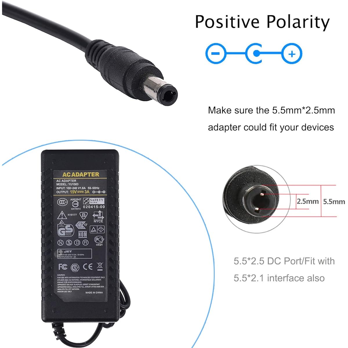 15V 3A Power Supply Universal AC 100-240V to DC 15V 3A 45W Power Adapter 110V Charger Transformer 5.5x2.5mm 2.1mm Interface Compatible with 15 Volt 1A 1.5A 2A 2.5A Devices