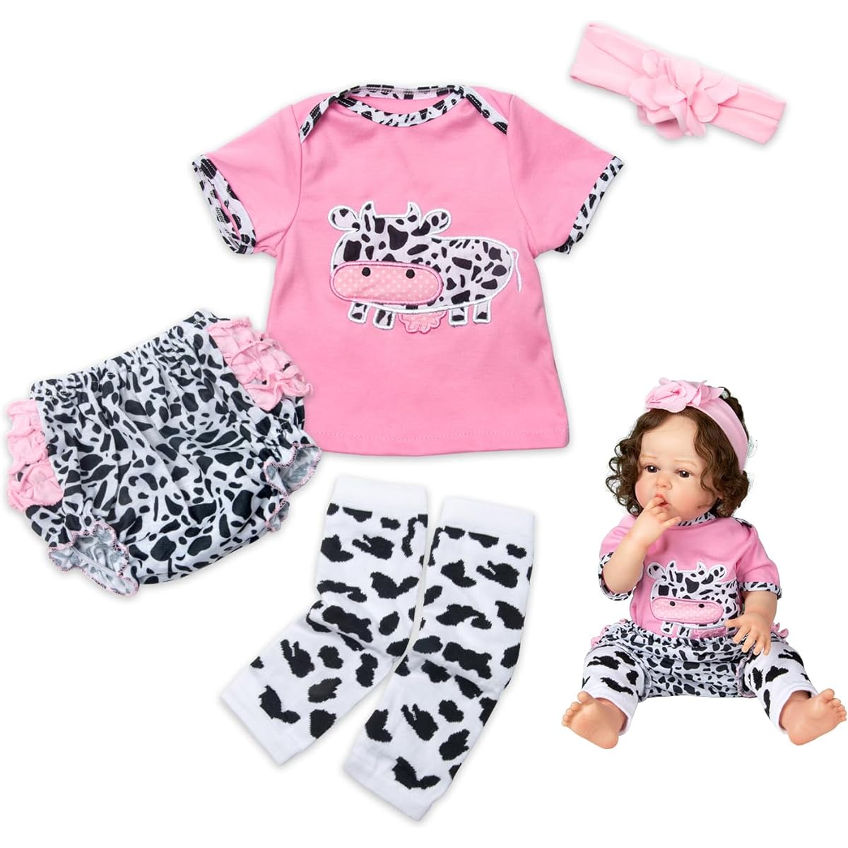 Medylove Reborn Doll Baby Clothes Pink Dairy Cow Outfit 20-23 inches Reborn Doll Girl Baby Clothes Baby Set Reborn Doll Matching Clothes