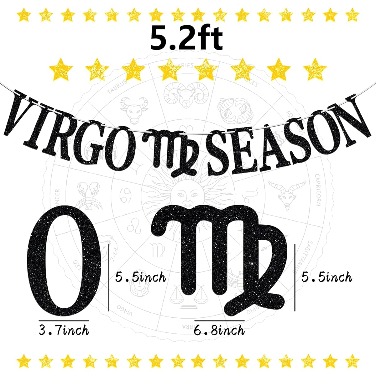 Virgo Season Banner, Happy Birthday Virgo Stars and Stripes, August/September, Big Virgo Energy, 12 Zodiac Theme Birthday Party Decorations Supplies, Black Glitter