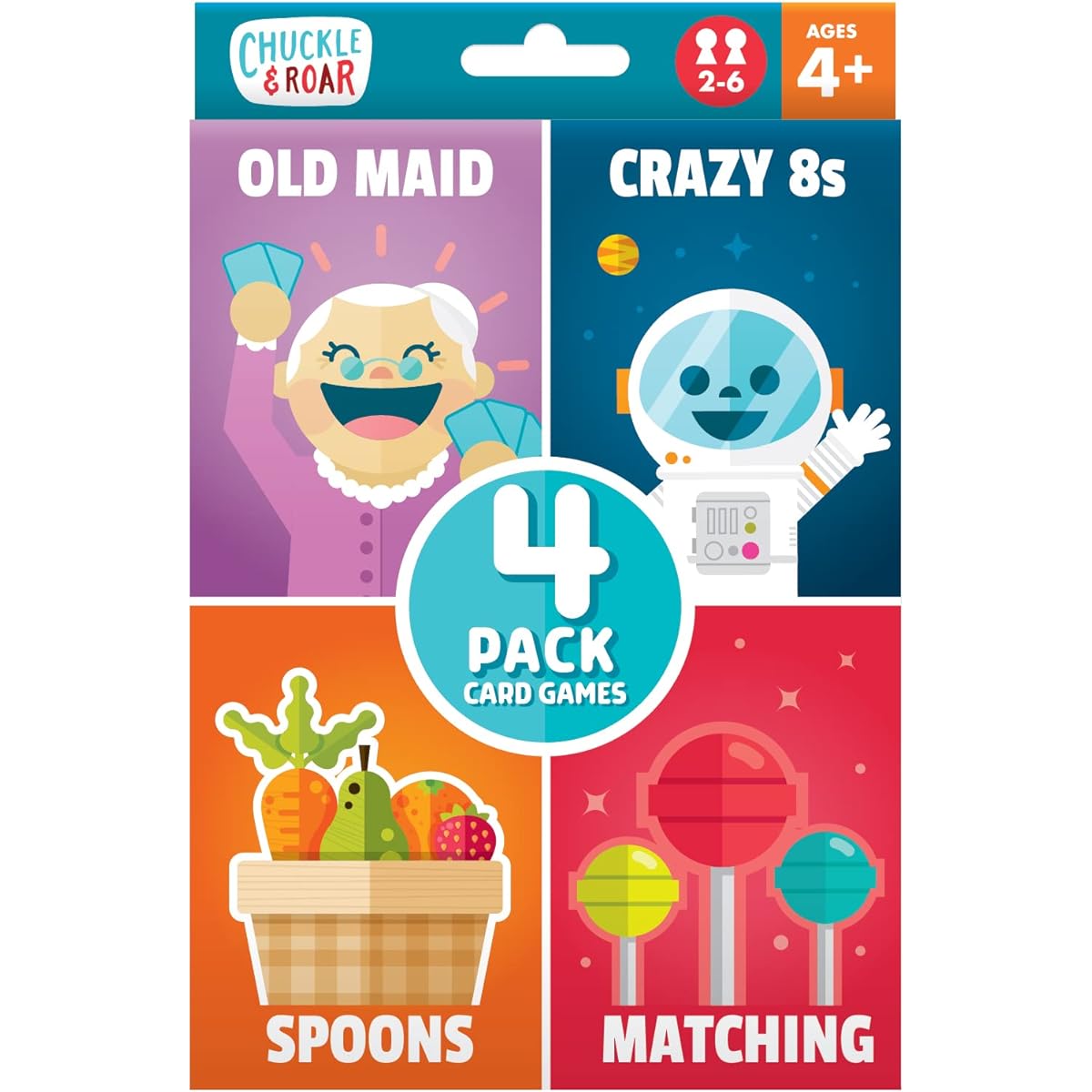 Chuckle & Roar - Classic Card Game 4 Pack - Ages 4+ - Family Game Night - Old Maid Crazy 8 Year Old Spoon Matching