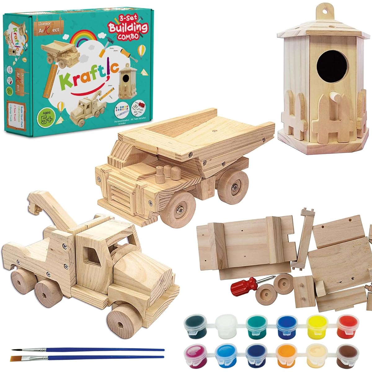 Kraftic Woodworking Building Kit for Kids and Adults, with 3 Educational DIY Carpentry Construction Wood Model Kit Toy Projects for Boys and Girls - Tow Truck, Birdhouse and Dump Truck
