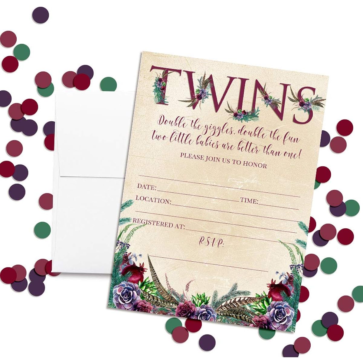 AmandaCreation Rustic Boho Watercolor Succulents Pine Feathers Baby Shower Invitations for Twins, 5"x7", 20 Cards, 20 White Envelopes