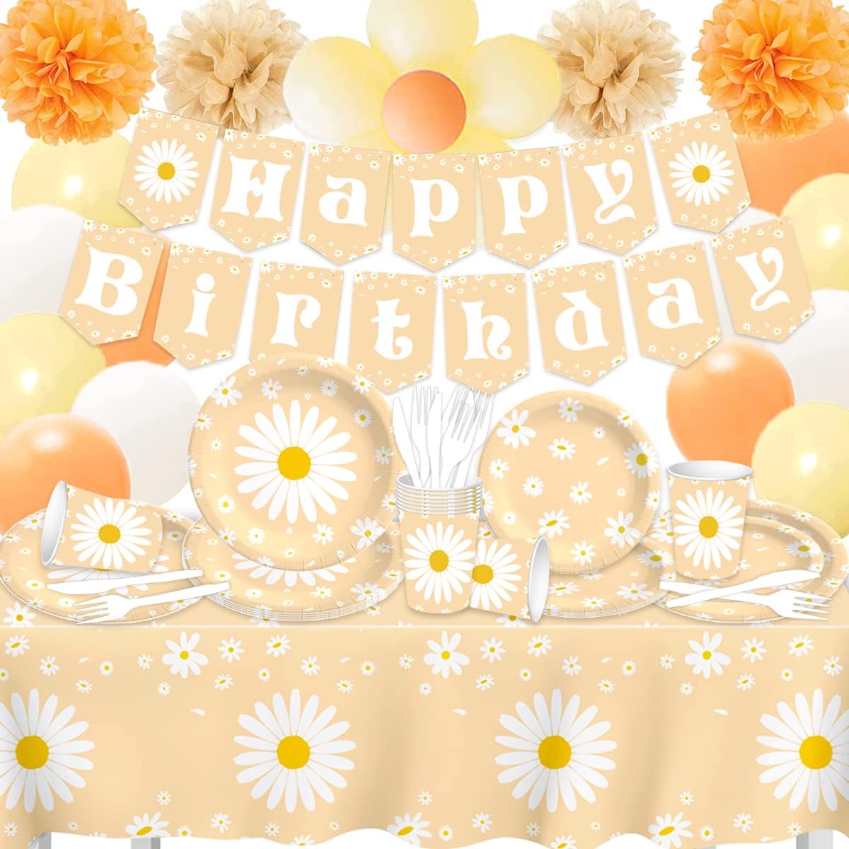 Daisy Birthday Decorations-88 Pieces Boho Daisy Theme Happy Birthday Flower Party Supplies Daisy Plates Decorations Kit for Girls